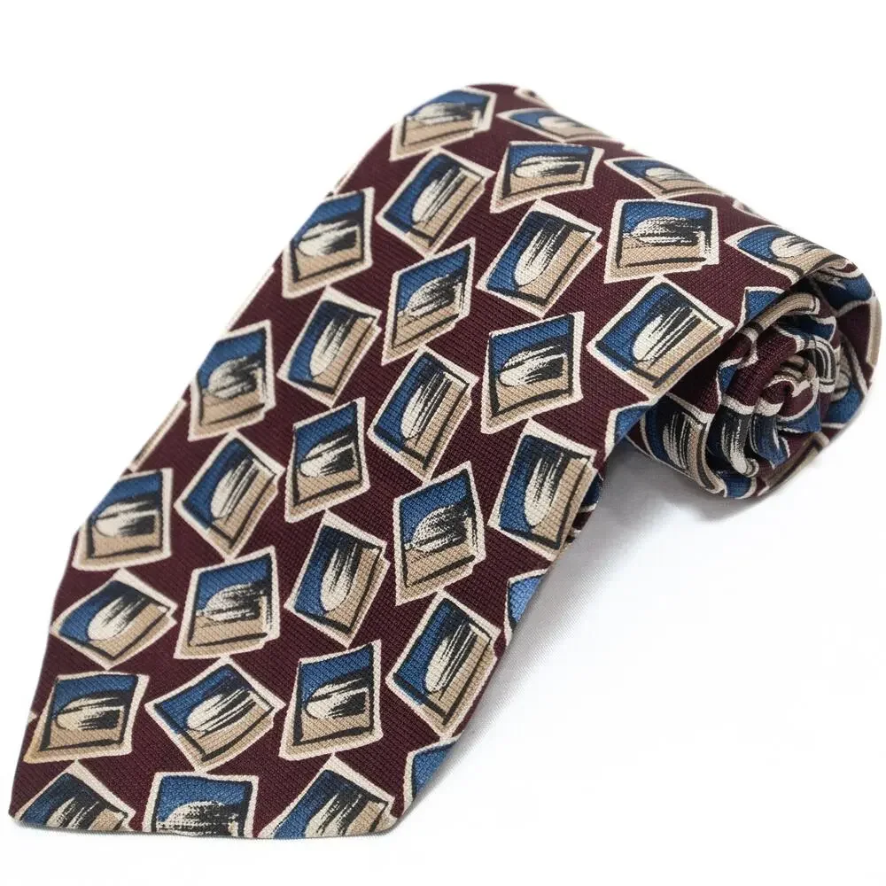Hickey Freeman Collection Wine Burgundy Blue Geometric 100% Silk Necktie